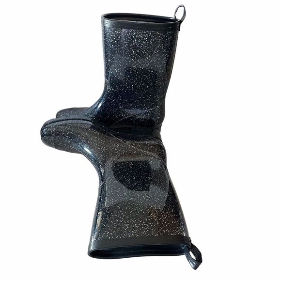 CAPELLI Womens Black Glitter Mid Calf Weatherproof Wellies Rain Boots US 6 - Picture 5 of 10
